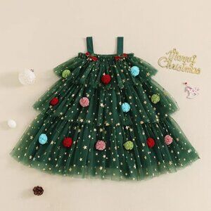 Christmas Tree Girls Green Sleeveless Ruffle Dress